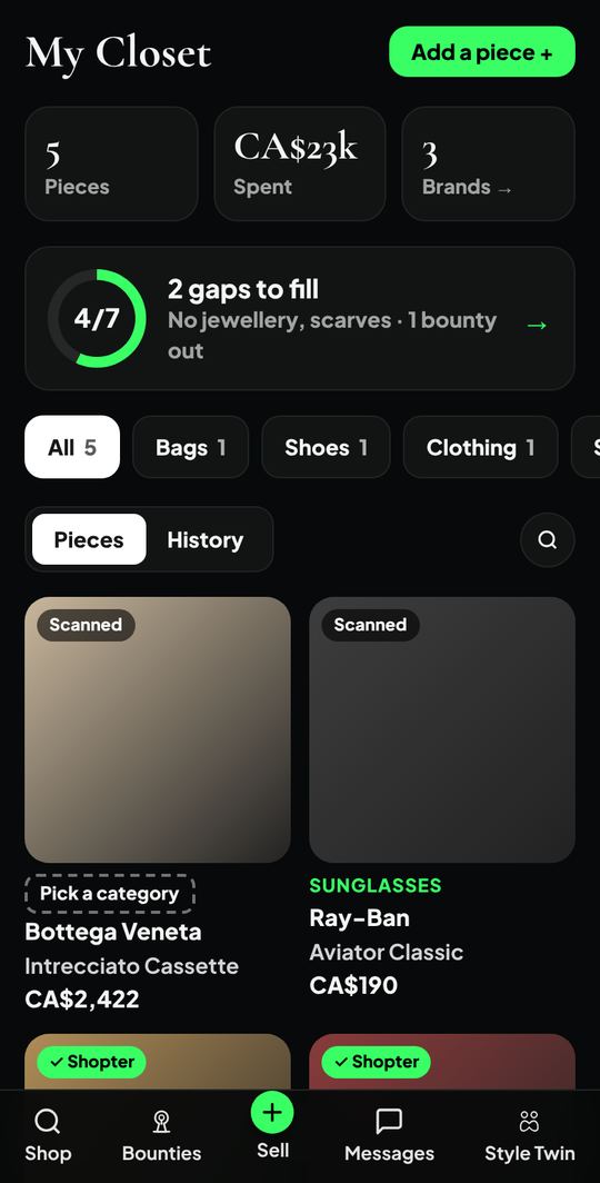 My Closet showing pieces owned, money spent and gaps to fill