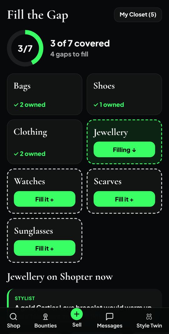 Fill the Gap showing which categories a closet covers and which are missing