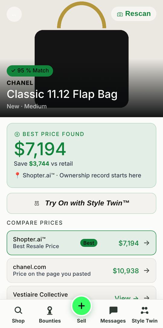 ShopScan result showing a Chanel flap bag, its best resale price and other prices to compare